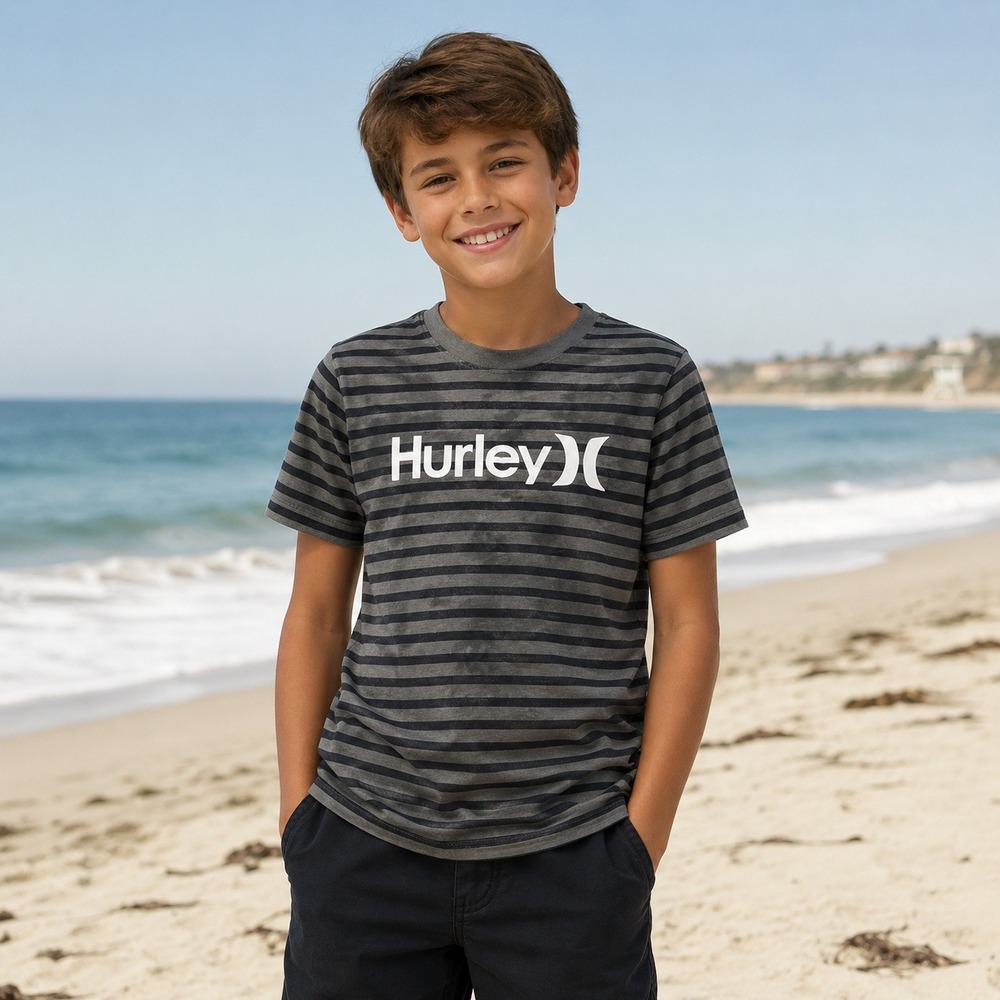 Hurley Boys Striped T Shirt Army Green Black‎ Short Sleeve Casual Top L